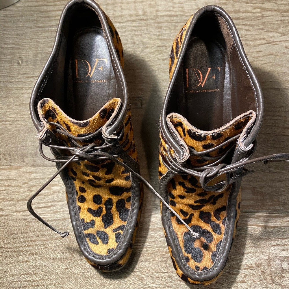 DVF animal print lace up booties